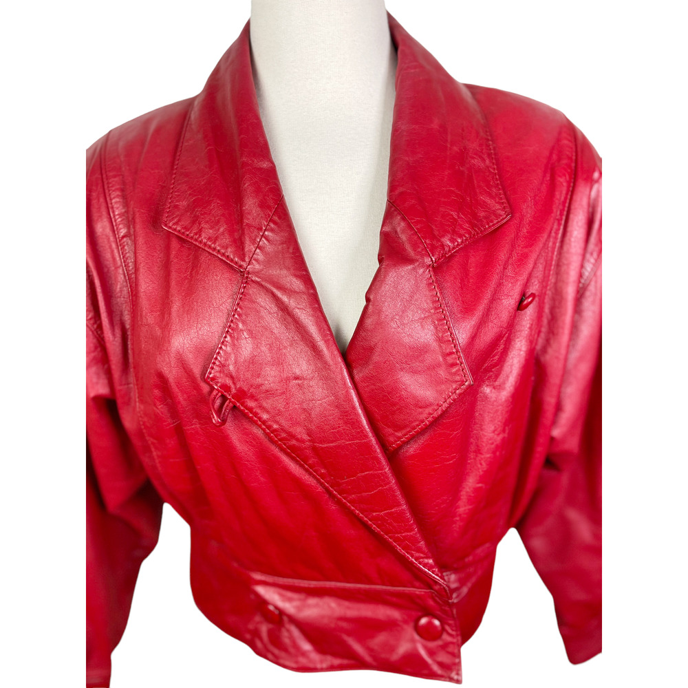 Vintage 1980's Red Leather Cropped Pelle Cuir Moto Jacket - Lined - Size M - Picture 3 of 10